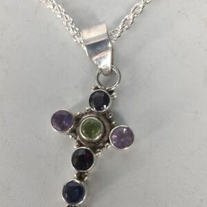multi gemstone sterling silver cross‎ on a sterling silver chain